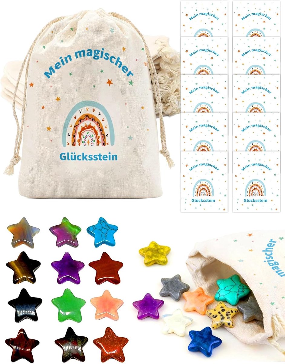 Set van 12 geluksstenen voor kinderen - stervormig - jute zakje - perfect voor verjaardagen - ShopVlot