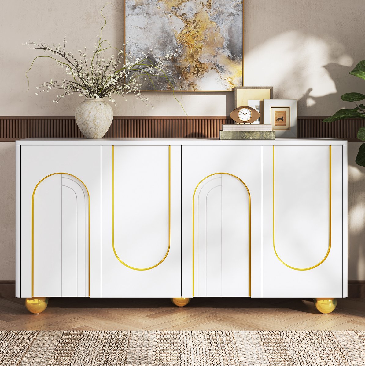 DESMIU Dressoir Vier Deuren Met Gouden Boogdecor En Metalen Poten Voor Woonkamer Hal En Eetkamer Hout Wit 140x40x74 Cm