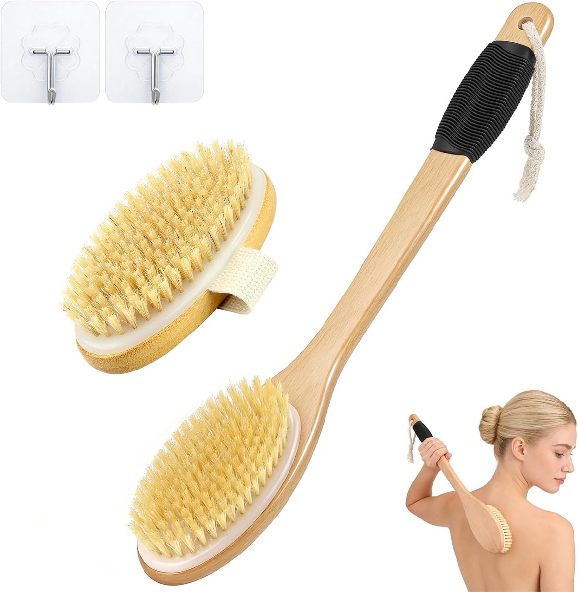 Rugborstel set - lange handgreep - natuurlijk borstels - exfoliatie en reiniging - ShopVlot