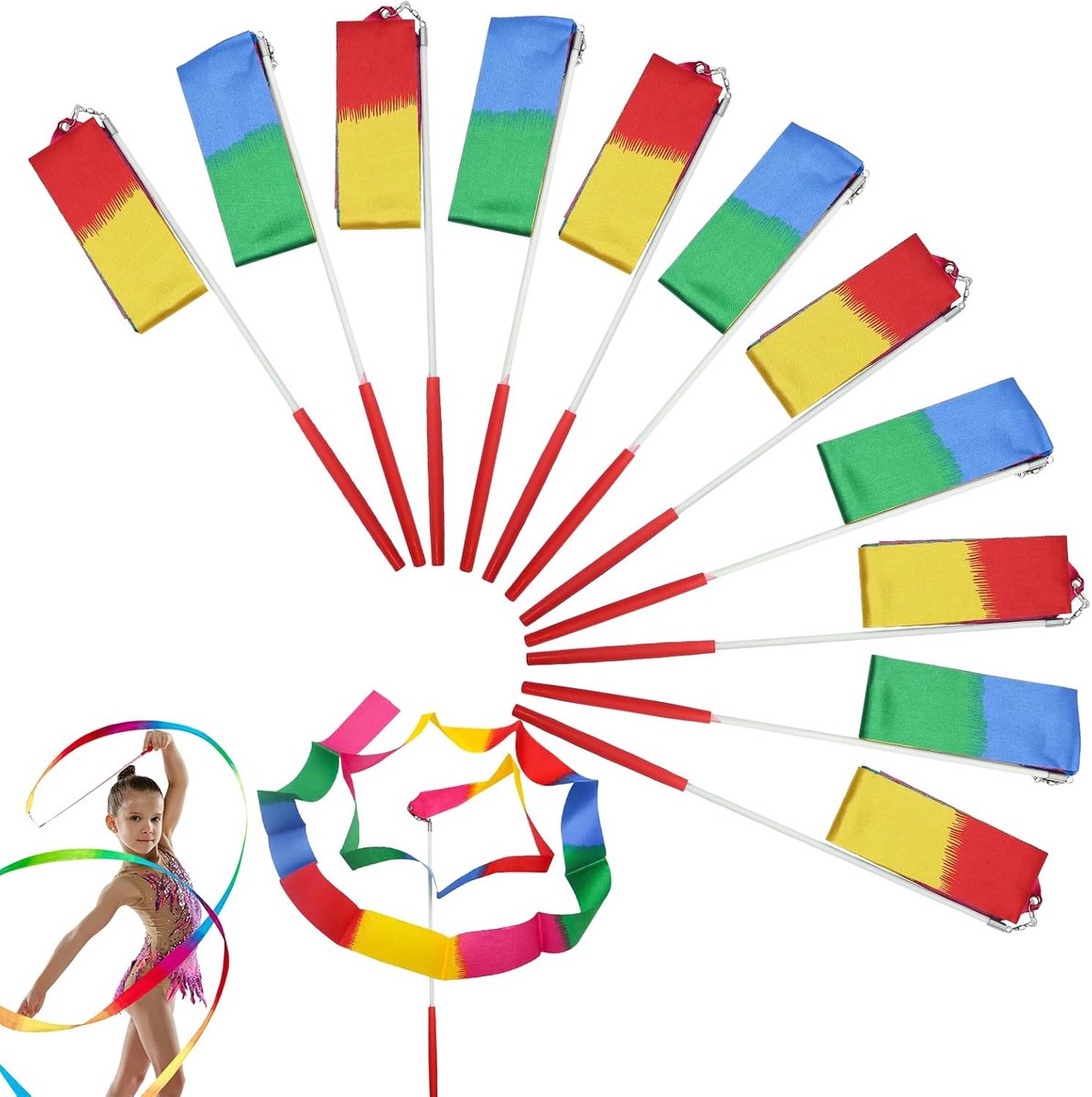 Pack of 12 Multicoloured Gymnastics Bands, Gymnastics Dance Ribbons, Children's Dance Streamer, Rhythmic Gymnastics - ShopVlot