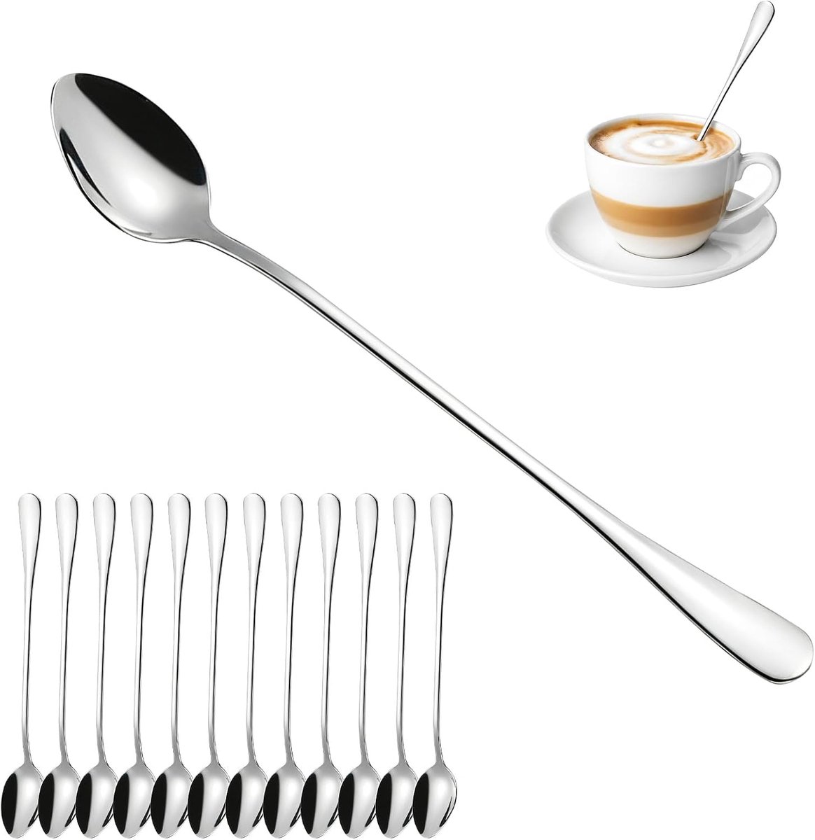 Latte Macchiato-lepelset, 12 stuks, 19,5 cm lange roestvrijstalen ijslepel, lange ijslepel, cocktaillepel - ShopVlot