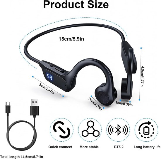 Hoofdtelefoon, beengeleiding, bluetooth, draadloos, met V5.2-technologie, hifi, stereo, microfoon, HD, waterdicht design, IP65, looptijd, 15 uur, sporthoofdtelefoon, waterdicht, voor hoofdtelefoon — afbeelding 4