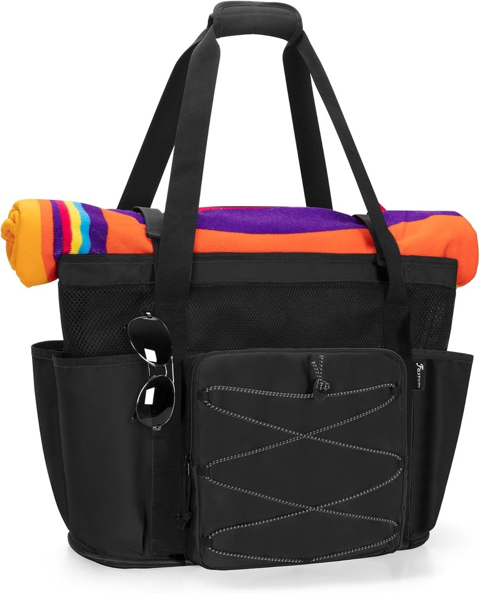 Grote Mesh Strandtas met Ritsbodem, Extra Grote Tas voor Nat en Droog, Perfect voor Strand en Zwembad, Zwart