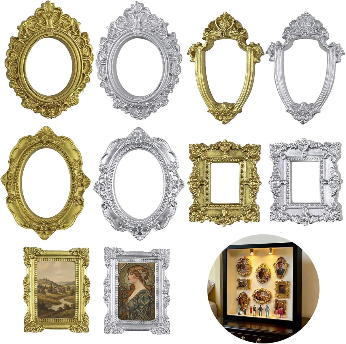 Mini fotolijsten vintage set - 10 stuks in 5 ontwerpen - goud en zilver - ideaal voor DIY decoratie - ShopVlot