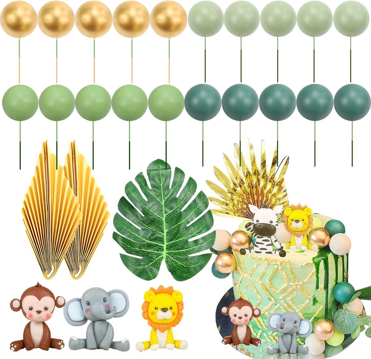 Taartdecoratie voor verjaardagen - Jungle Safari - 3 dierenfiguren en 20 kleurrijke ballen - Perfect voor babyshowers - ShopVlot