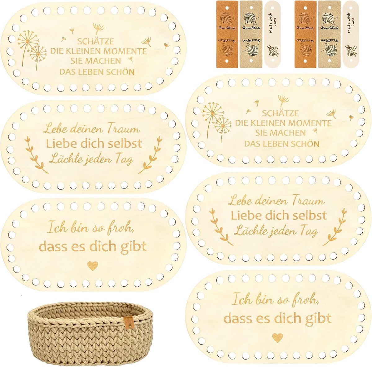 Hakenbasis set - 6 ovale houten platen - met 6 labels - voor opbergmanden en decoratie - ShopVlot