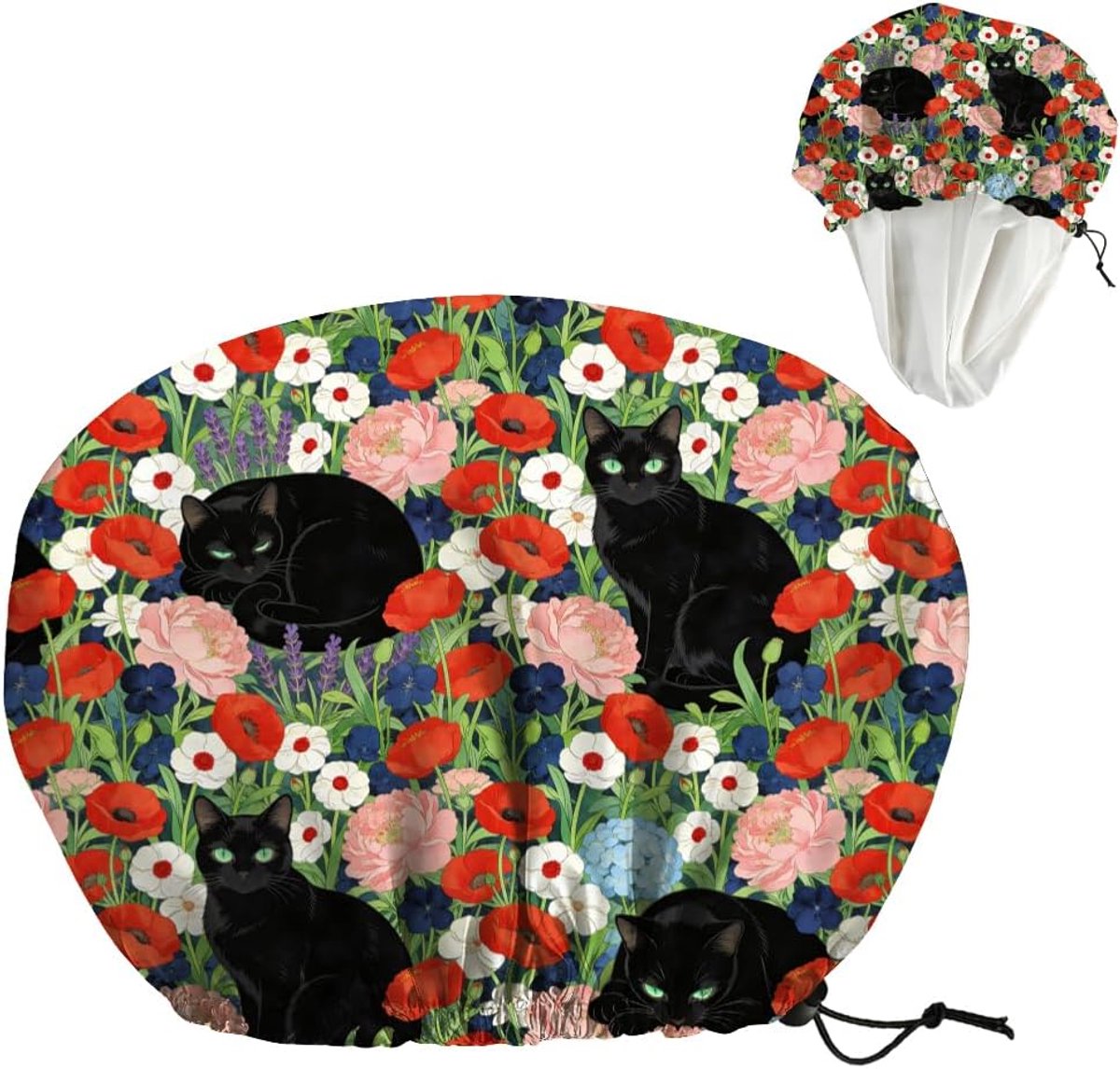 Douchemuts Dubbellaags - Waterdicht - Zwart Kat Bloem Design - Ideaal voor Douches en SPA - ShopVlot