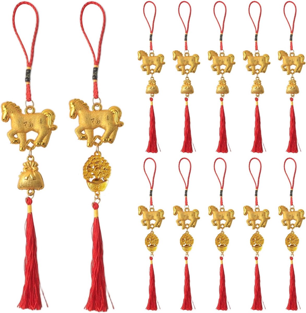Feng Shui paardenhangers 12 stuks - goud en rood - Chinese Nieuwjaar decoraties - verspreid geluk en voorspoed - ShopVlot