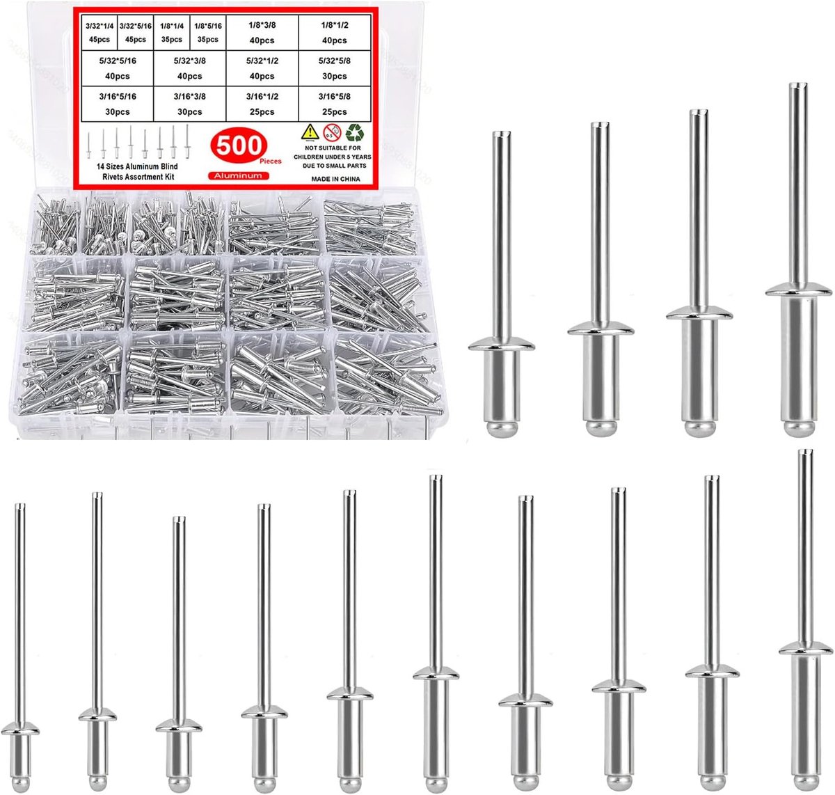 Aluminium blindklinknagelset 500-delig - popklinknagels met grote flens - roest- en corrosiebestendig - ShopVlot