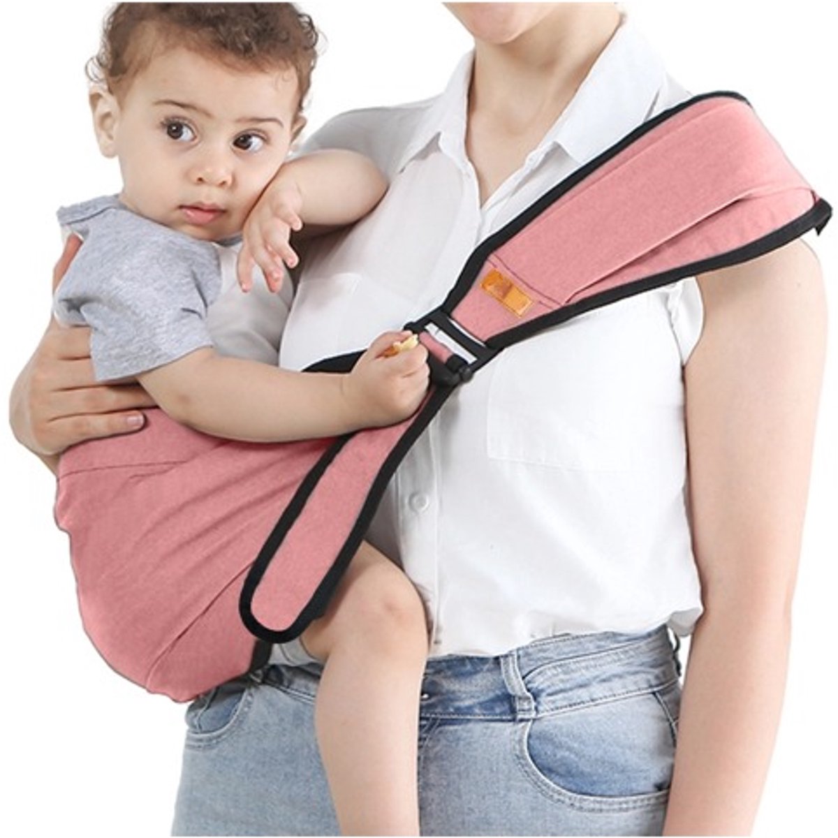 Babydrager met enkele schouderband, gemakkelijk en draagbaar, roze kleur, verstelbare schouderbanden voor extra comfort, uitklapbaar zitkussen, aanbevolen maximaal gewicht 30 catties (ca. 14 kg).