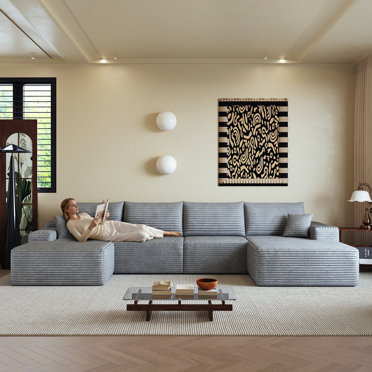 Modulaire Hoekbank 270x175 cm - L-vormige Bank Met Chaiselongue En Diepe Zit - Stof Grijs