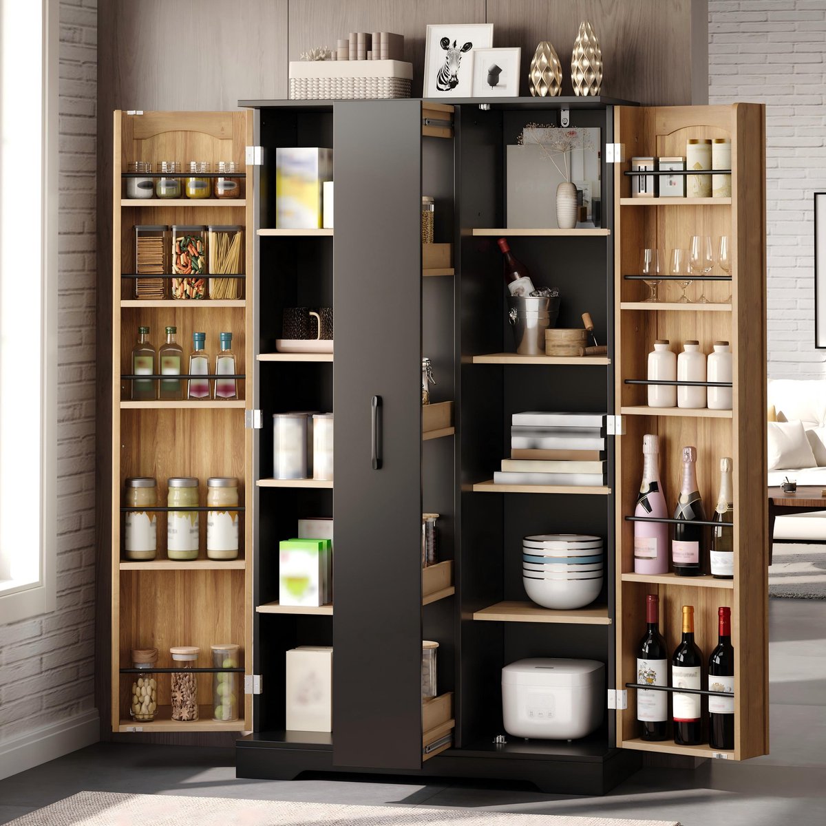 Keukenkast Met Kruidenrek 150x78x40 cm - Hoge Kasten Met 4-laags Verticale Uittrekbare Lade En Verstelbare Planken Zwart