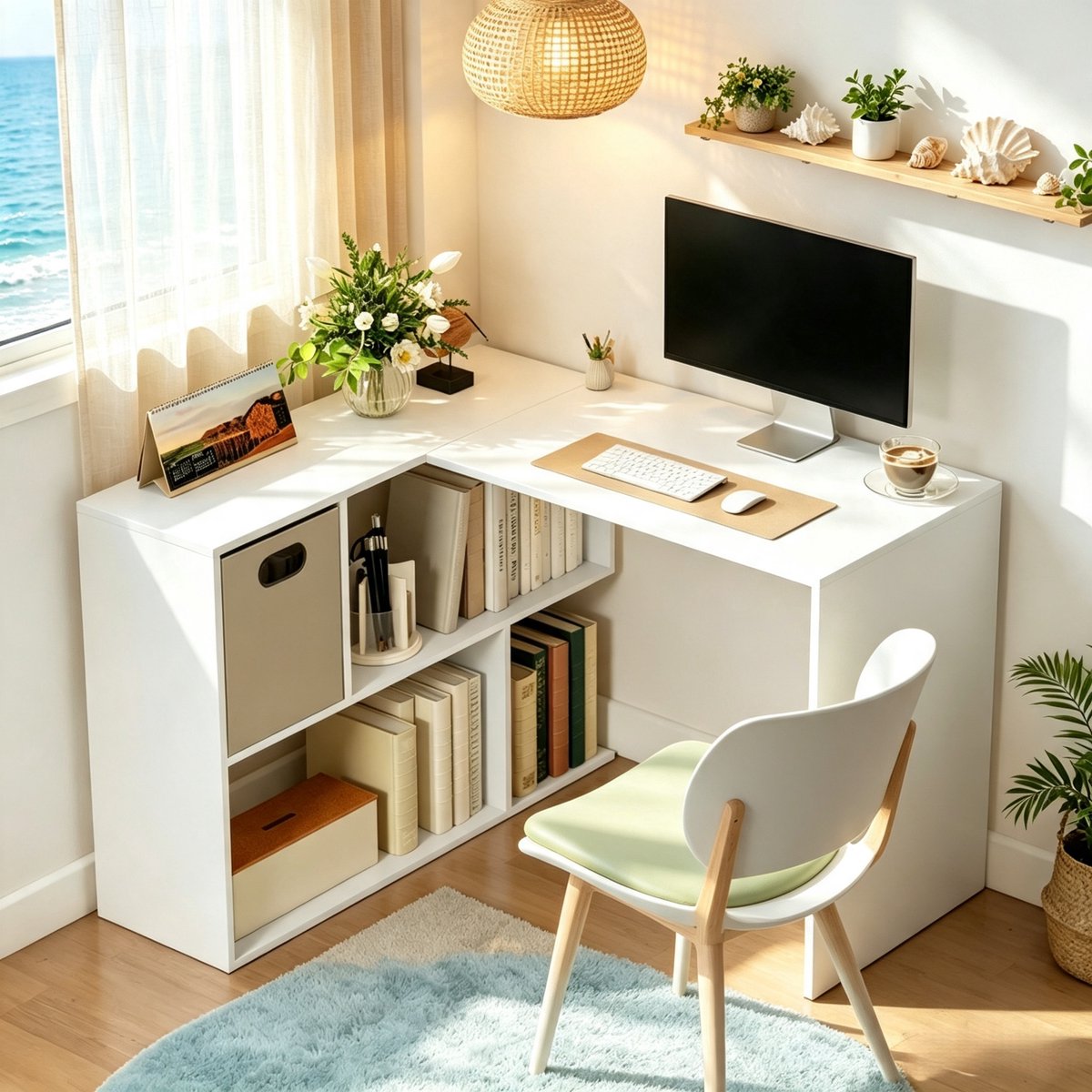 Bureau 110x100 cm - L-Vormig Computertafel Met Stoffen Lade En Open Planken Wit