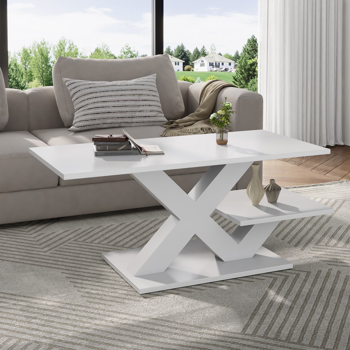 Witte Salontafel 100x48 cm - X-Vorm Design Tafel Met Dubbele Werkblad En Hoogglans MDF Wit