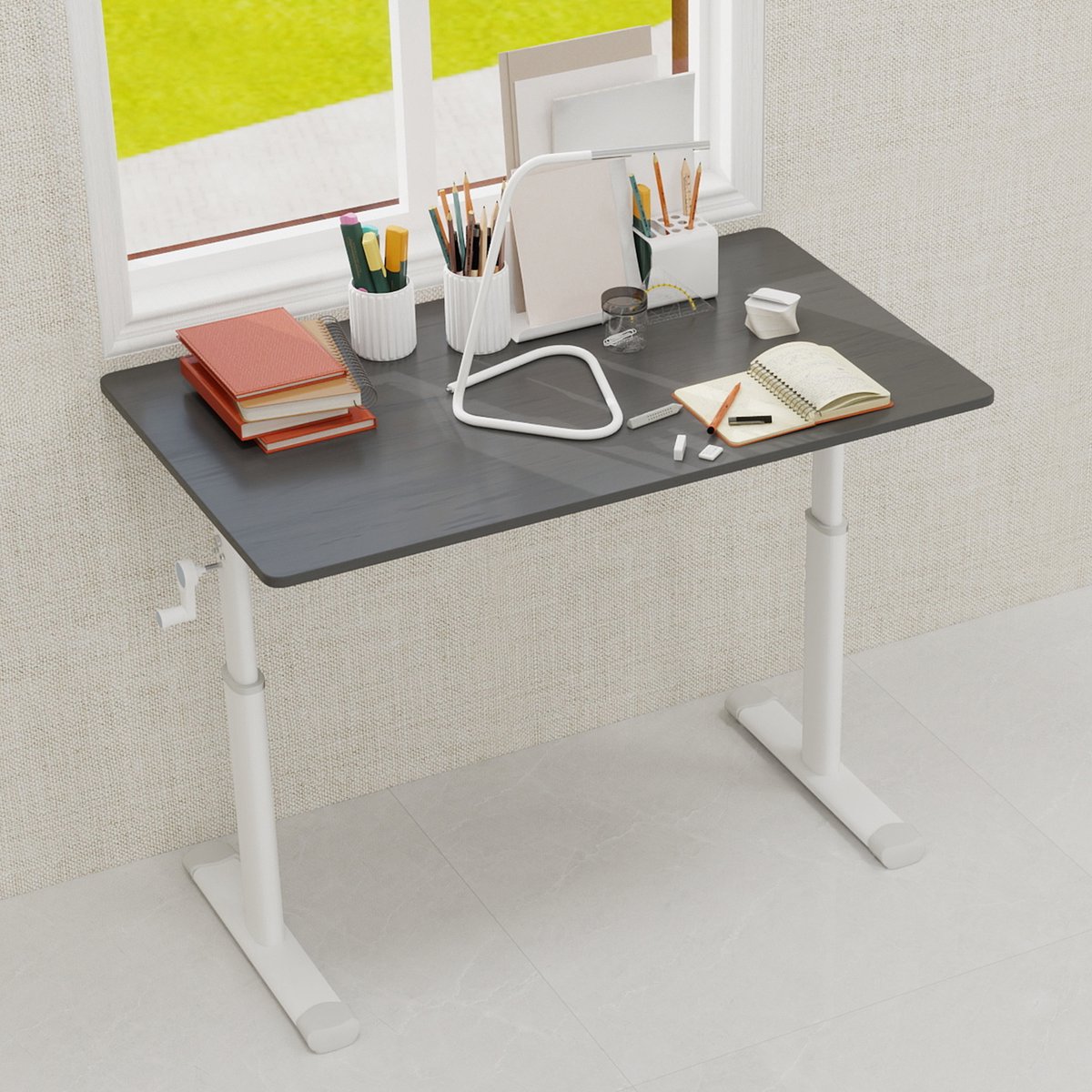 In hoogte verstelbaar Bureau 100x60 cm - Handmatig Krukas Bureau Met Stalen Onderstel En Houten Blad Grijs