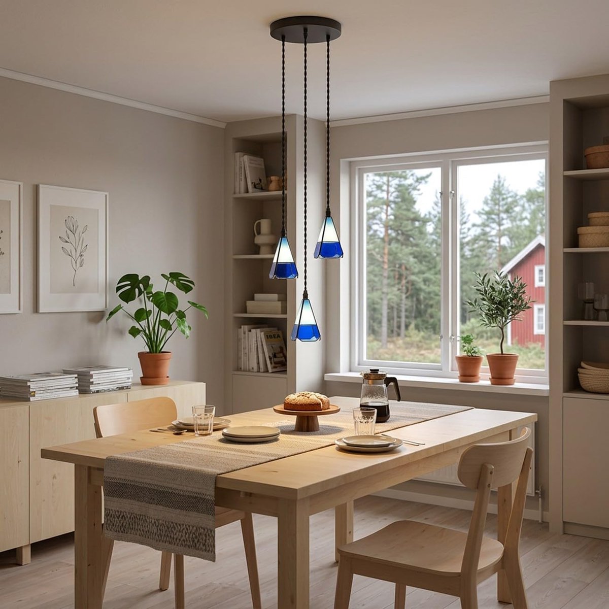 Tiffany kroonluchter 3 lichtpunten - turkoois aquarel en zeeblauw glas - energiezuinig met G9 LED lamp - ShopVlot