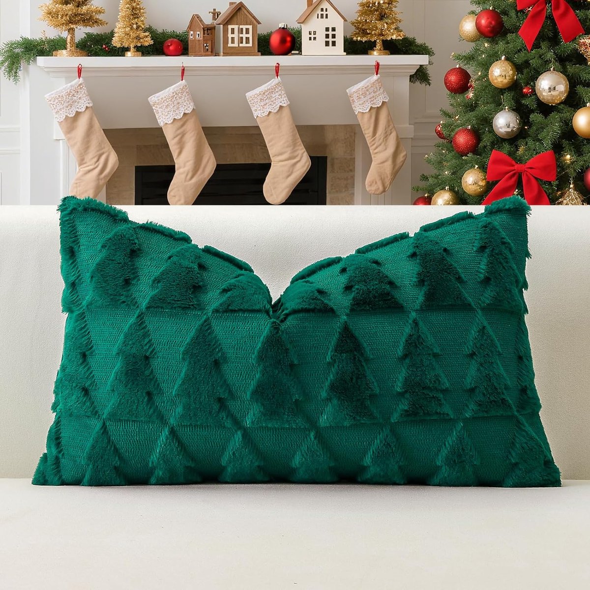 Kussenhoes 30 x 50 cm - zachte pluche wolvelvet - unieke kerstboomprint - perfect voor je bank - ShopVlot
