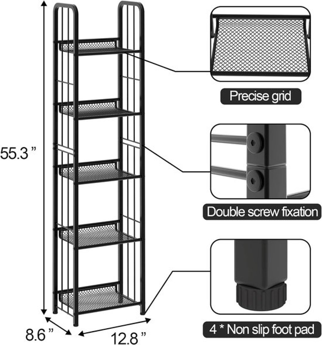 Ladderrek 5 Niveaus - Vrijstaand Opbergrek - Stabiel Metalen Frame - Ruimtebesparend - Zwart - Geschikt voor Woonkamer/Slaapkamer - Boekenkast