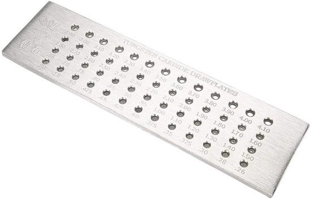 Draadtrekplaat 52 gaten - Massief Tungsten Carbide - Sieradengereedschap - Duurzaam Staal - Handig voor ambachten - Afmetingen 20,5 x 5,5 cm