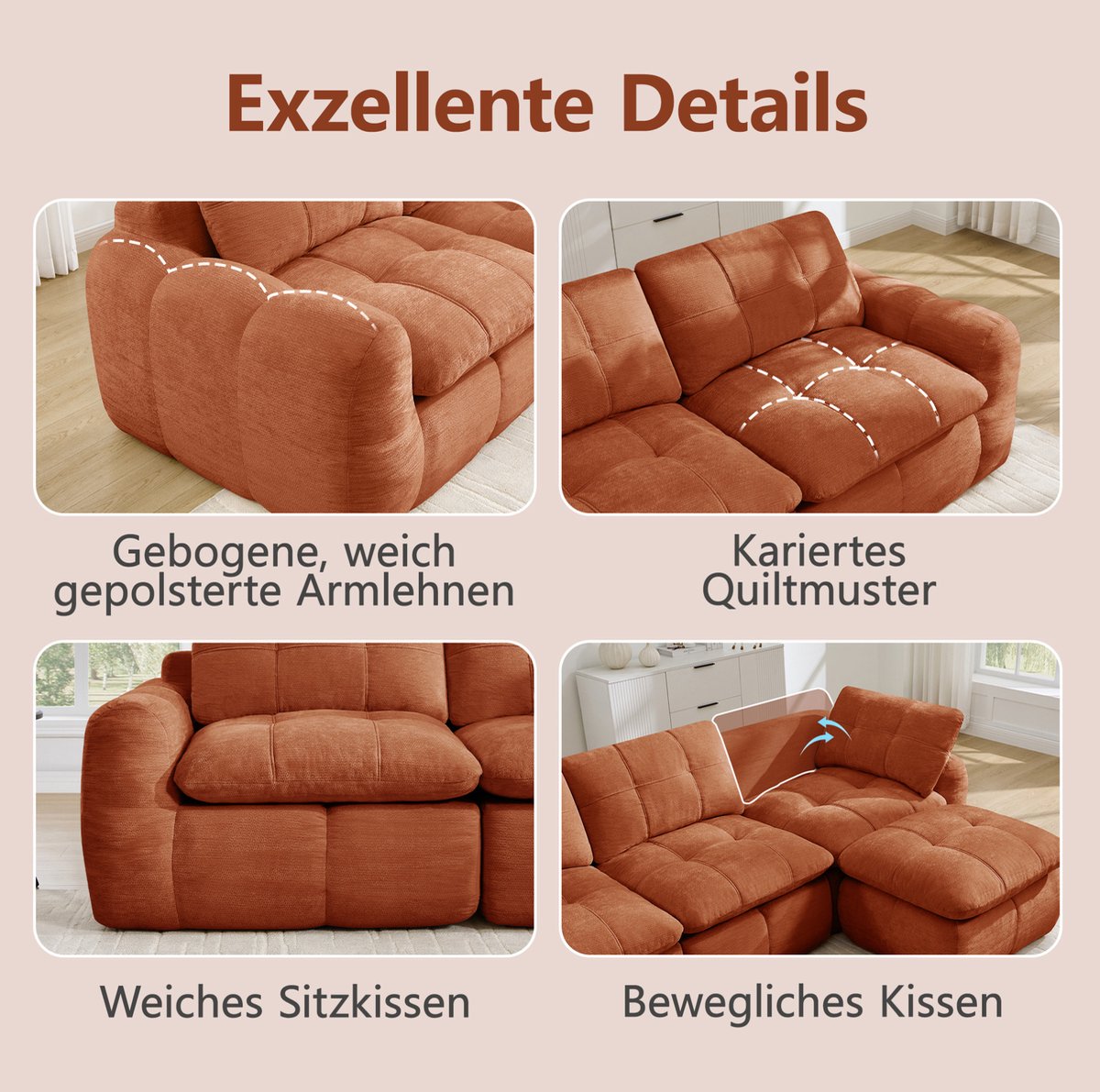 OKWISH Hoekbank 264 x 160 cm - 3-Zits L-Vormige Modulaire Bank Zonder Montage Met Ottoman - Chenille - Oranje