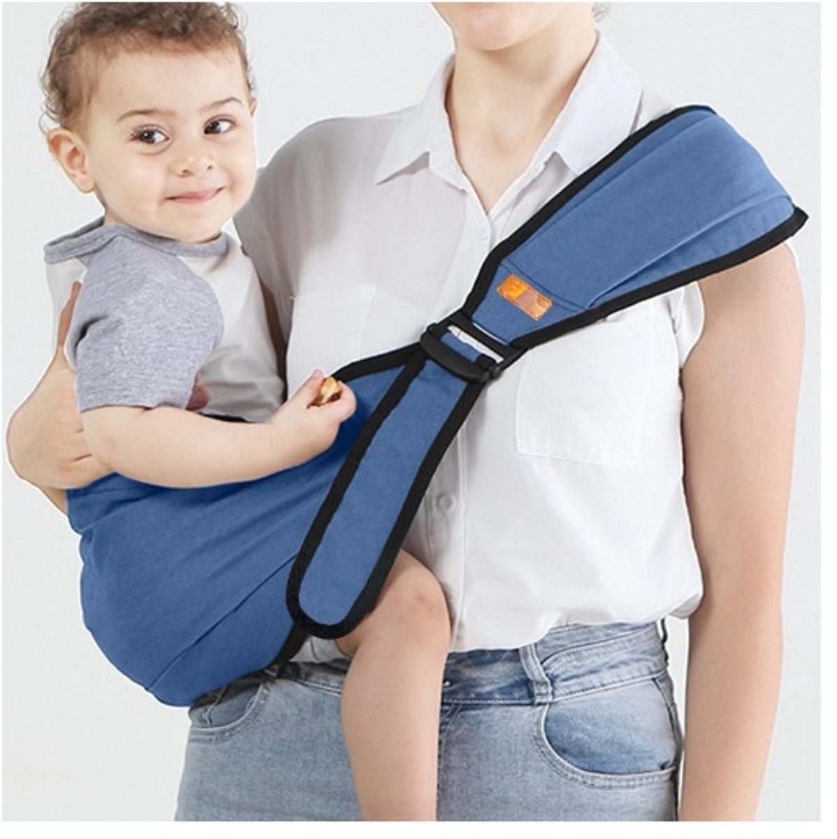 Babydrager met enkele schouderband, gemakkelijk en draagbaar, blauwe kleur, verstelbare schoudersteun met anti-schuurfunctie, uitklapbaar zitkussen, aanbevolen draagvermogen 30 catties (ca. 14 kg).