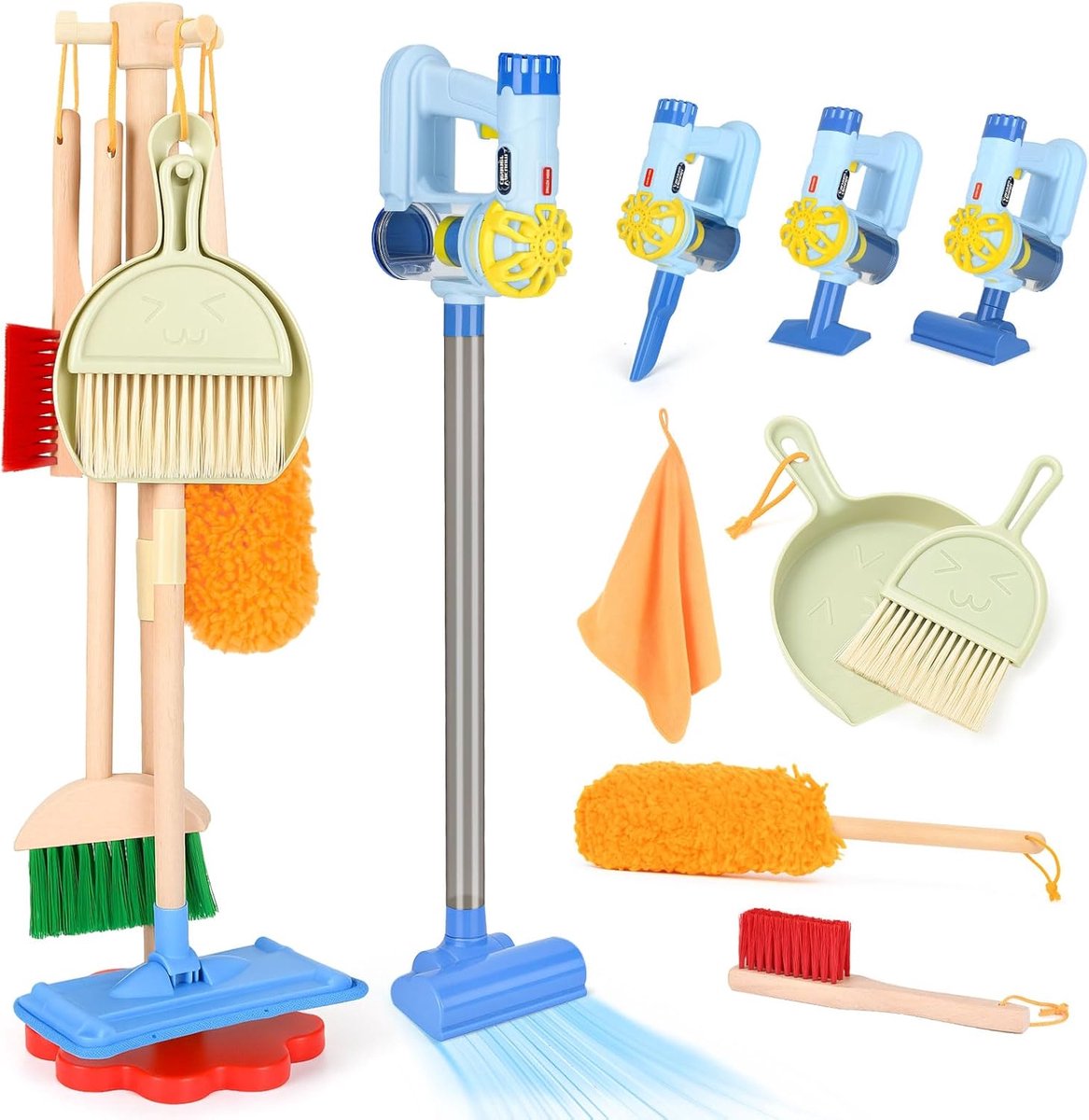 Speelgoed stofzuiger met geluid - 11-delige houten schoonmaakset - ideaal voor kinderen vanaf 3 jaar - ShopVlot