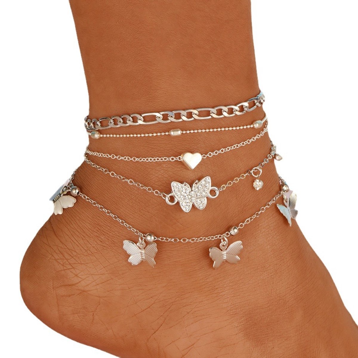 4-Delige Vlinder Enkelband Set – Zilverkleurig – Boho Strand Sieraden – Met Kralen - Hartjes – Dames