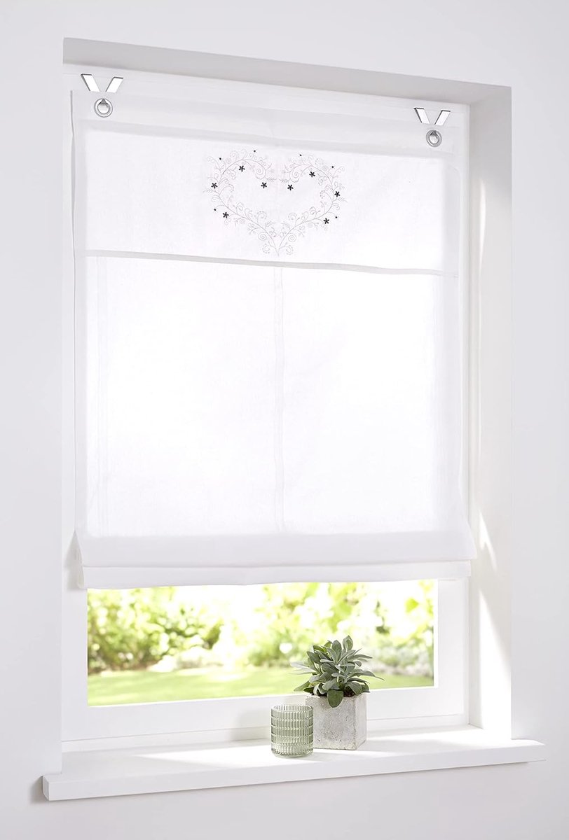 Kutti Folding curtain Svea white hanging with hooks, without drilling, embroidery heart, width 45 x height 140 cm - ShopVlot