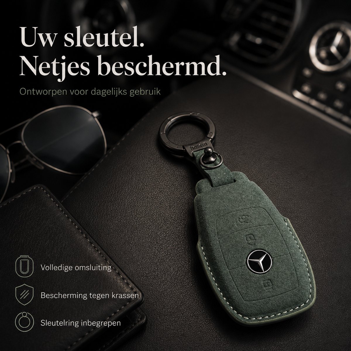 Zirkle Mercedes-Benz Autosleutel Hoesje Type C Groen – Luxe Leren Sleutelcover met Ring en Sleutelhanger – Beschermhoes voor Mercedes A B C E S Klasse GLA GLB GLC GLK – Krasbestendige 3D Key Case – Premium Auto Sleutel Accessoire voor Dames en Heren