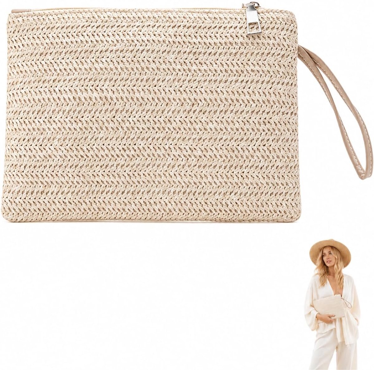 Witte strotas voor dames, strandtas, boho-chic, voor de zomer, 1 stuk, gevlochten handtas met ritssluiting, ideaal - ShopVlot