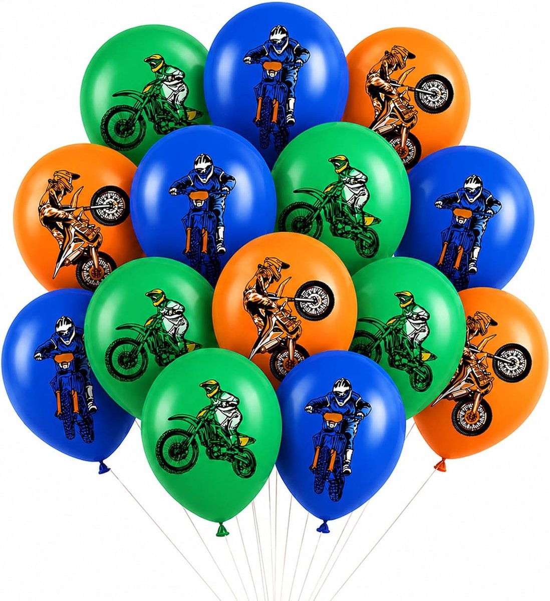Koboko Motocross ballonnen, latex, blauw, groen en oranje, racermotief, 15 stuks - ShopVlot