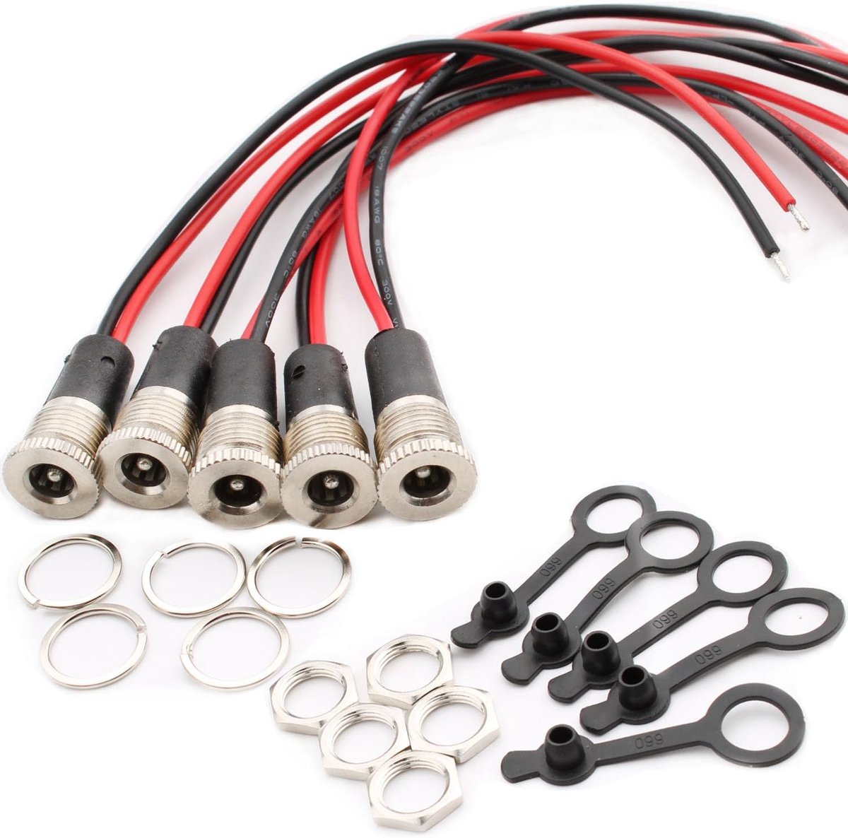 SnelShoppen - 5 Stuks DC Voedingsaansluiting 5.5x2.5mm, Vrouwelijk 12V 10A Hollow Plug DC Bushing Montagekit met 15cm Kabel, Waterdicht, Hoogwaardige