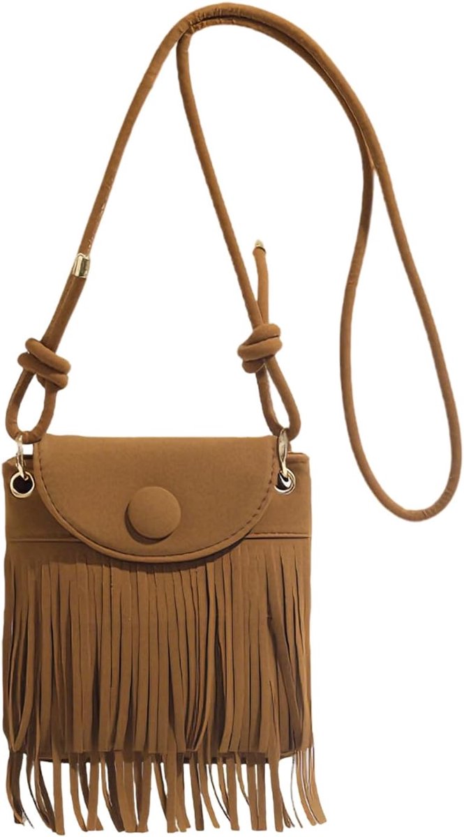 Boho crossbody tas 20 x 18 x 4 cm - Bruin suede - Fringe details - Ideaal voor 70s outfit - ShopVlot
