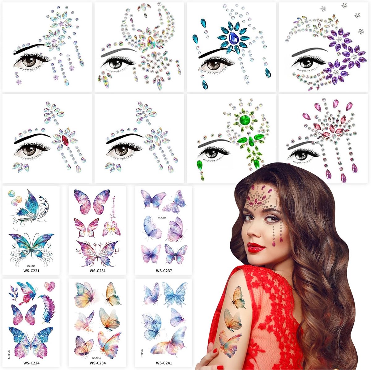 Glitterstenen en Tatoeages - Gezichtsstickers Strass - Feest en Festival - Zelfklevend Voorgemonteerd - 8 Sets en 6 Vellen - Multicolor