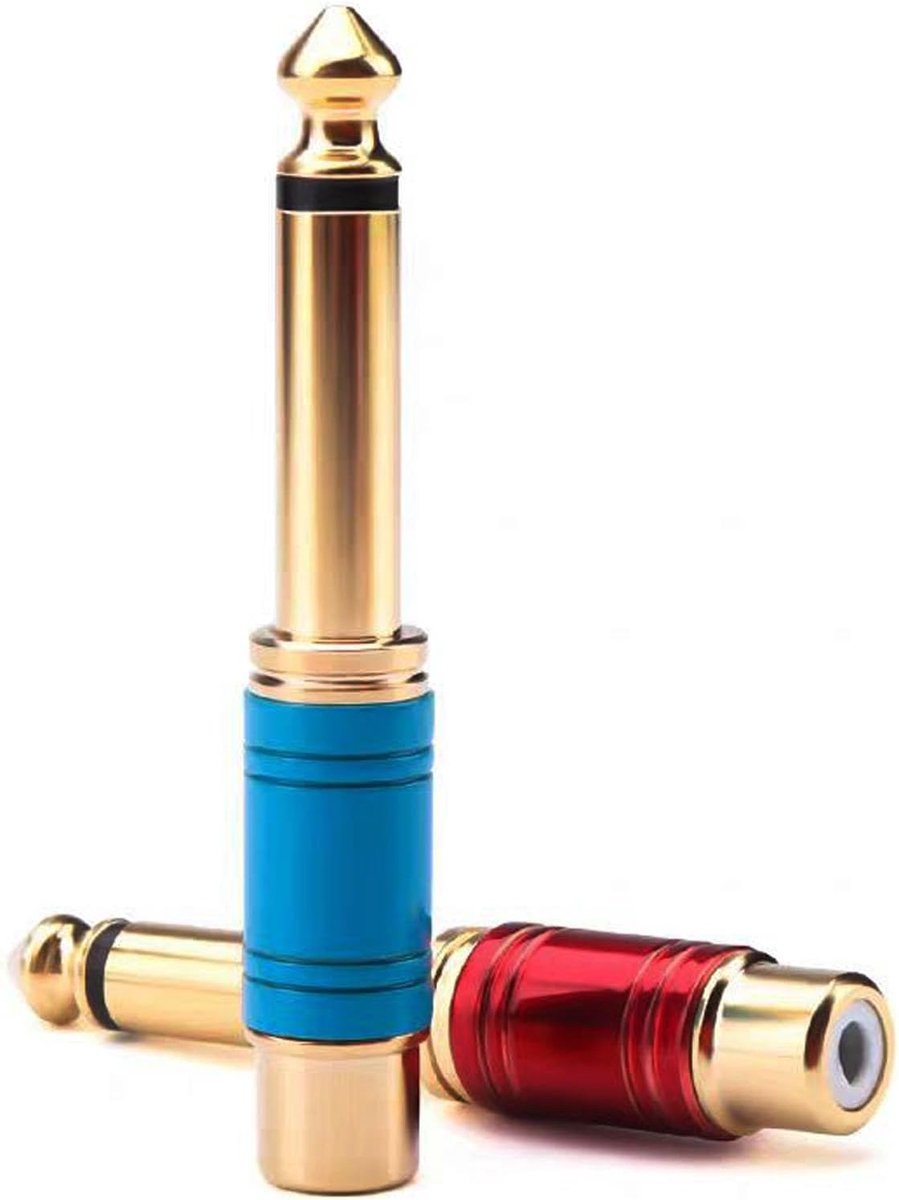 2 stuks 6,35 mm stekker mono TS naar RCA-tulpstekker Interconnect audio-adapter, cinch naar 6,35 mm audio-adapter, vrouwelijke RCA-aansluiting op 6,35 mm 1/4 inch mono mannelijke stekker,