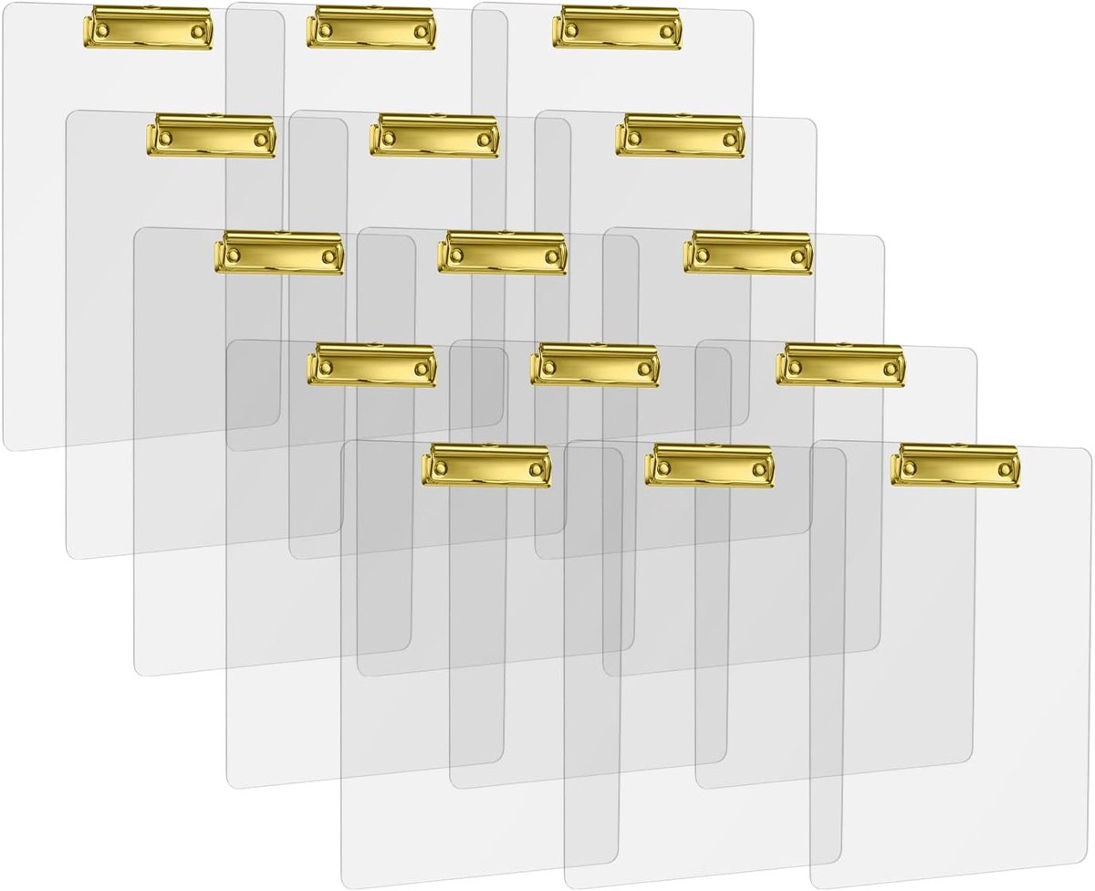 A4 schrijfmap met goudkleurige metalen clip - acryl transparant - 15 stuks - ideaal voor kantoor en school - ShopVlot