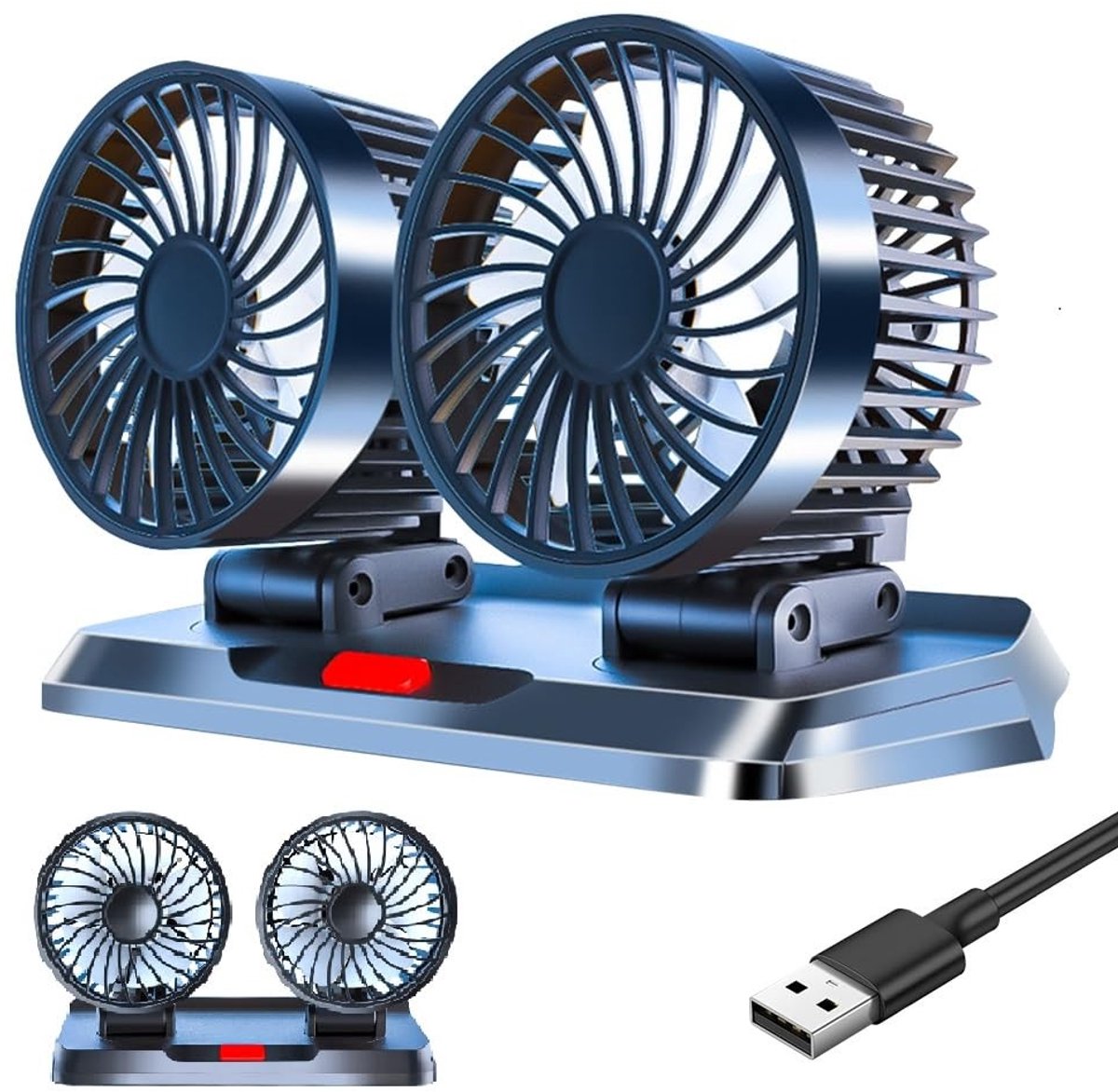 Autoventilator - Zwart - 22 x 11 x 13 cm - Draagbare USB Ventilator met 360 graden Draaibare Dubbele Kop - Voor Auto, Camper, Huis en Kantoor