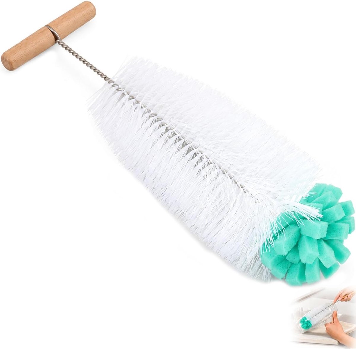 Flessenborstel met zachte spons – reinigingsborstel voor flessen en drinkfles 31 cm – flessenborstel met witte - ShopVlot