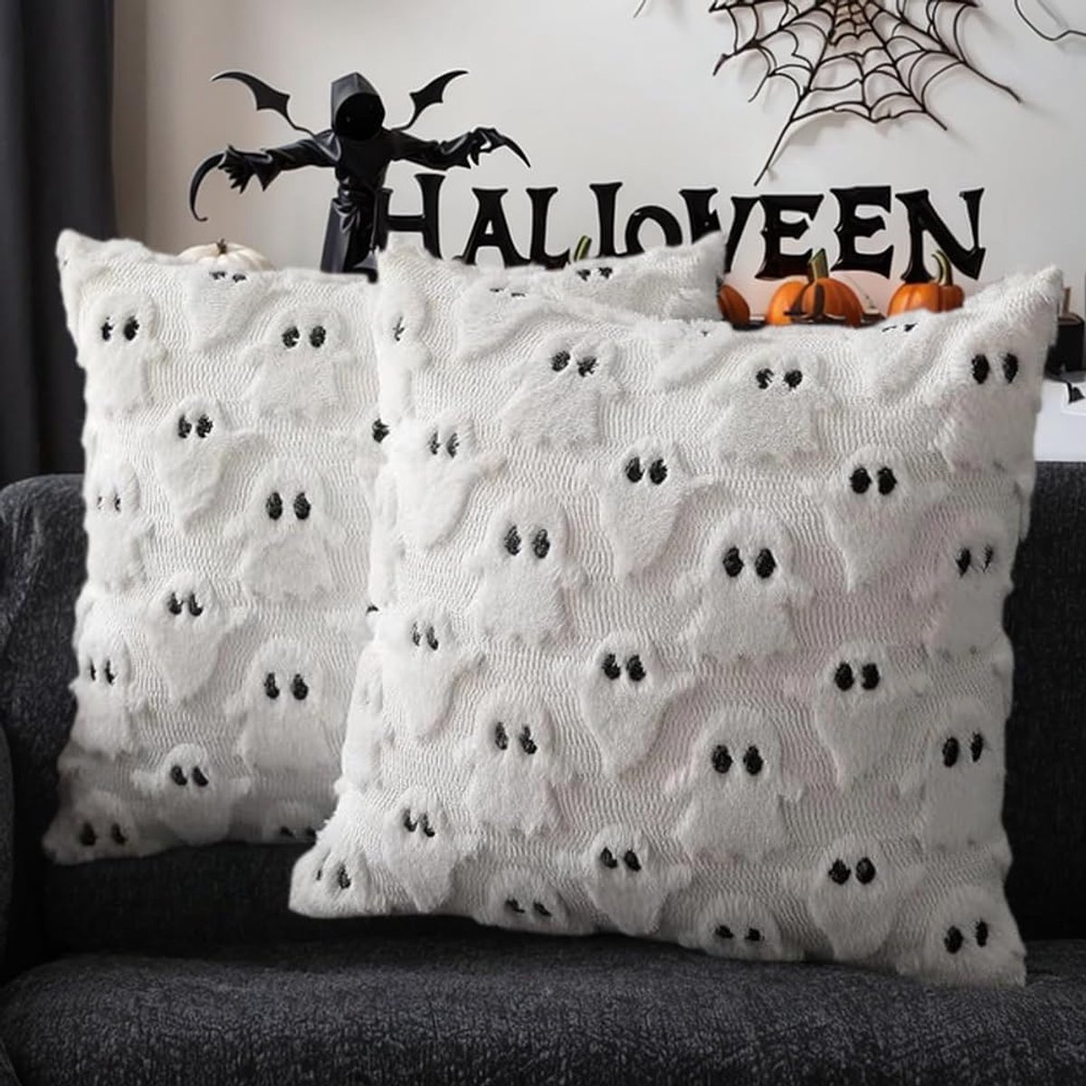 2 kussenslopen voor Halloween, 45 x 45 cm, met geesten en geesten, kussensloop, Halloween, geest (A) - ShopVlot