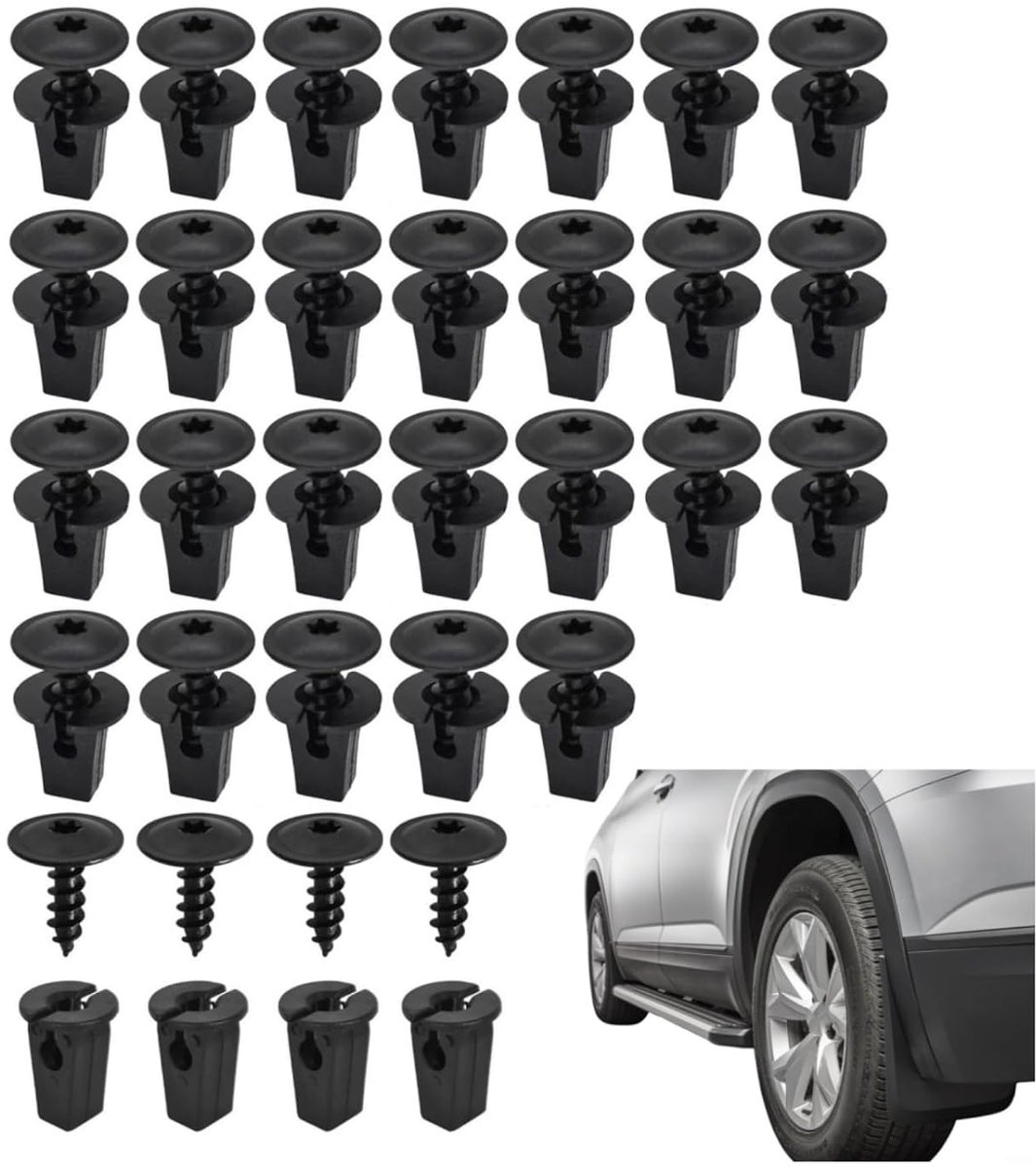 Bodywork screws, M5x16 mm sheet metal screws assortment, self tapping screws Torx with wing nut clip, flat head screws - ShopVlot