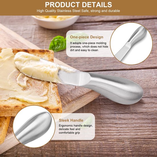 Bovenafbeelding: Zilverkleurig botermes op geroosterd brood met boter. Detail: Ergo-handvat.