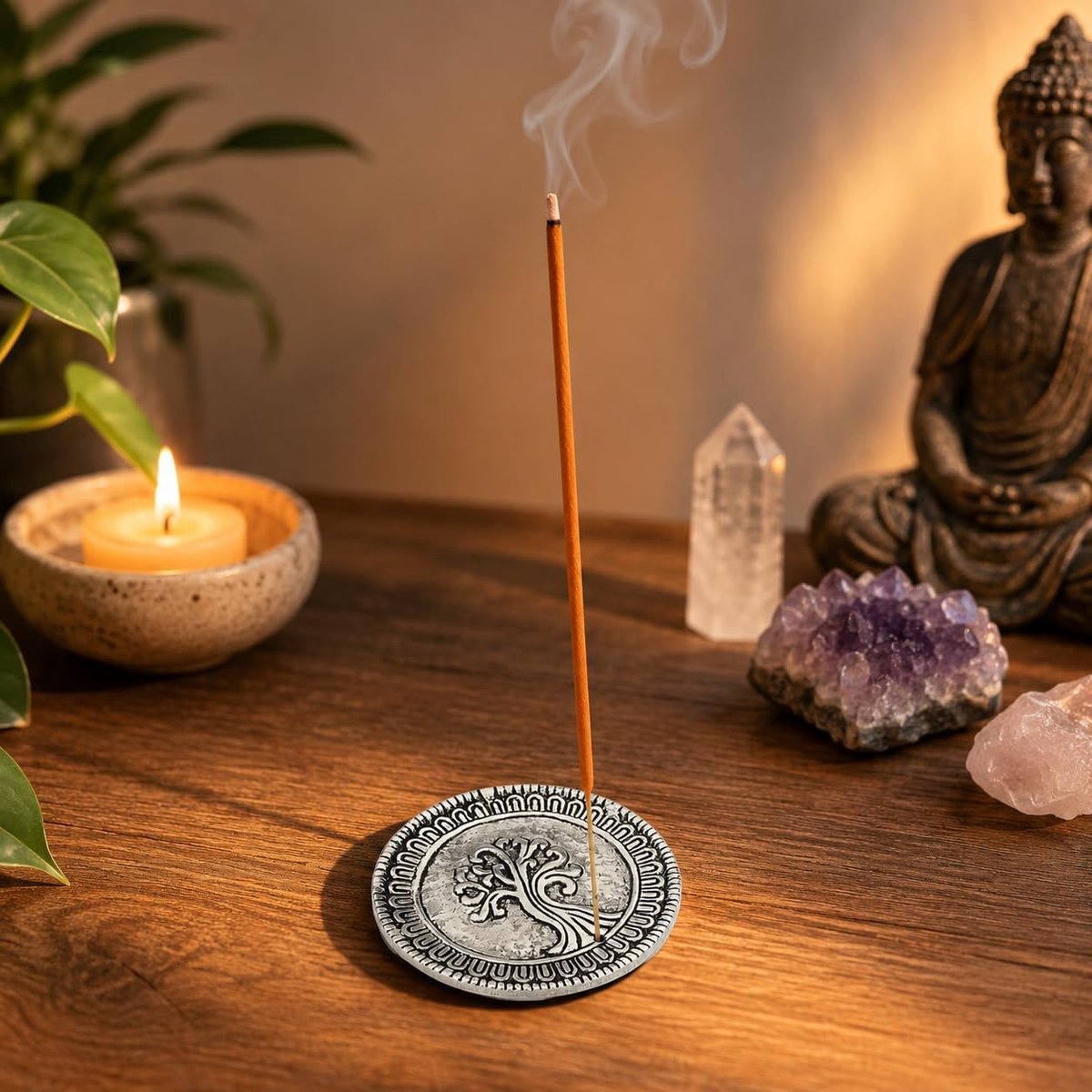 Ajuny Aluminium Incense Burner with Ash Catcher, Silver Surface Tibetan Style Incense Stick Holder Tree Design 8 cm - ShopVlot