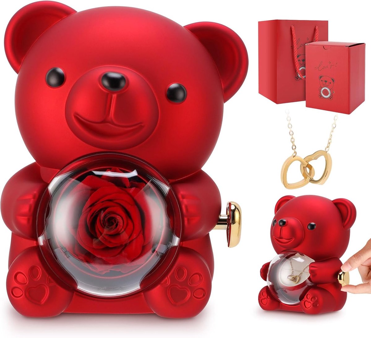 Gugxiom Eeuwige rozen teddybeer geschenkdoos met halsketting, teddyrozen met verborgen sieradendoosje, rozenbeer - ShopVlot