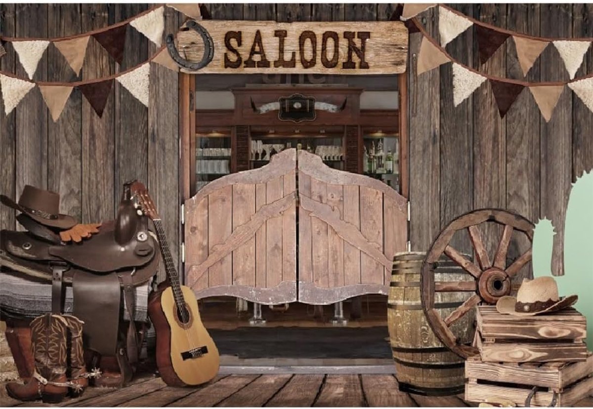 8x6ft Saloon Background Vintage Western Cowboy Photography Backdrop Rustic Wooden House Barn Door Flags Guitar Boots - ShopVlot