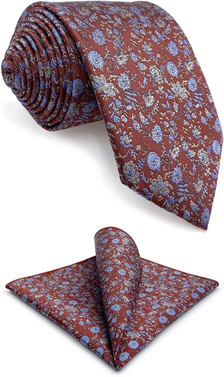 S&W SHLAX&WING Men's Tie Red Medium Vermilion Blue Floral Tie Set with Pocket Square Party XL - ShopVlot