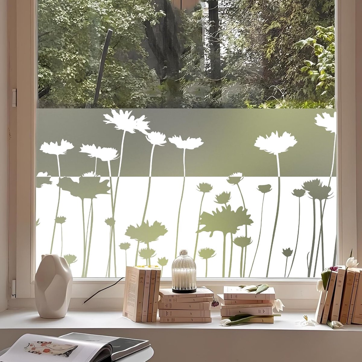 dktie Window Film Opaque Window Film Decorative Privacy Film with White Hollow Plant Pattern (05 44.5 x 200 cm) - ShopVlot