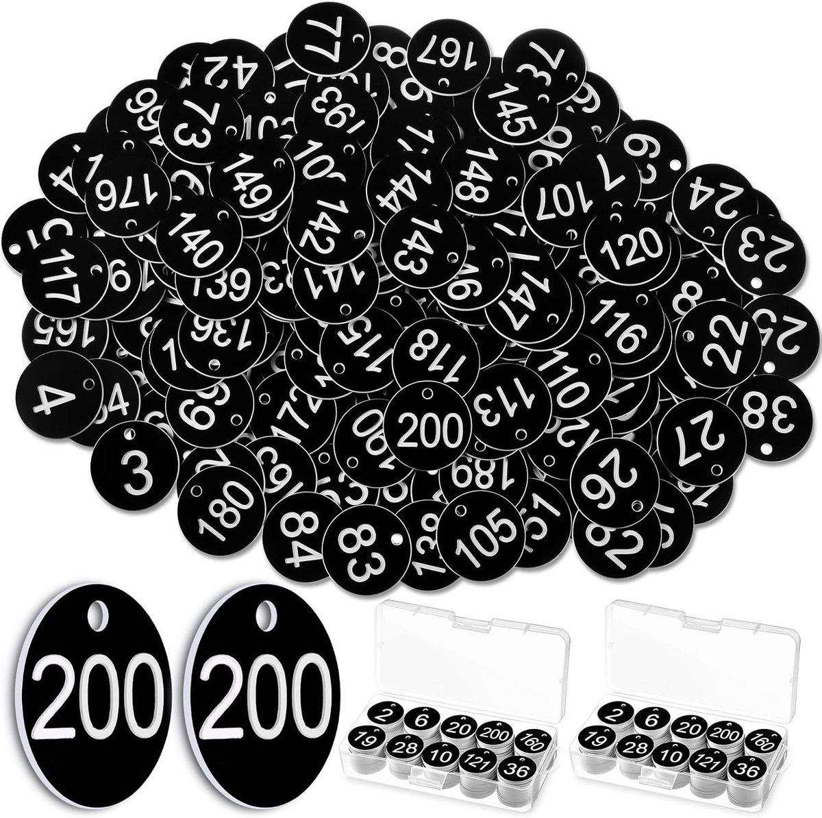 Tenare 2 Set 1-200 Numbered Number Labels, Plastic Wardrobe Tags, Key Chains with Numbers 1-200, Number Tags with Hole - ShopVlot