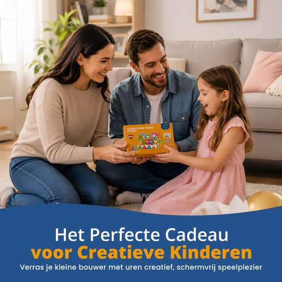Ouders geven dochter een doos met magnetische tegels. De doos toont gekleurde piramides en vierkanten. Een gele ballon ligt op de grond.