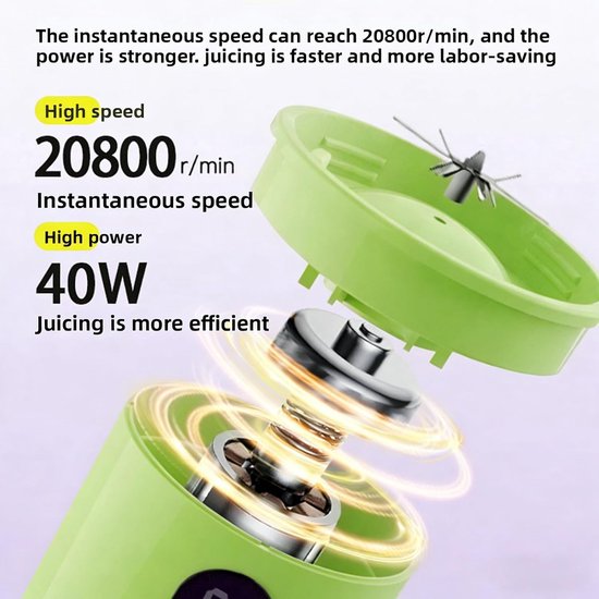 Draagbare Blender - Reis Blender - Smoothies Maken - Hoge Snelheid 20800 RPM - 500 ml - Lichtgroen — afbeelding 4