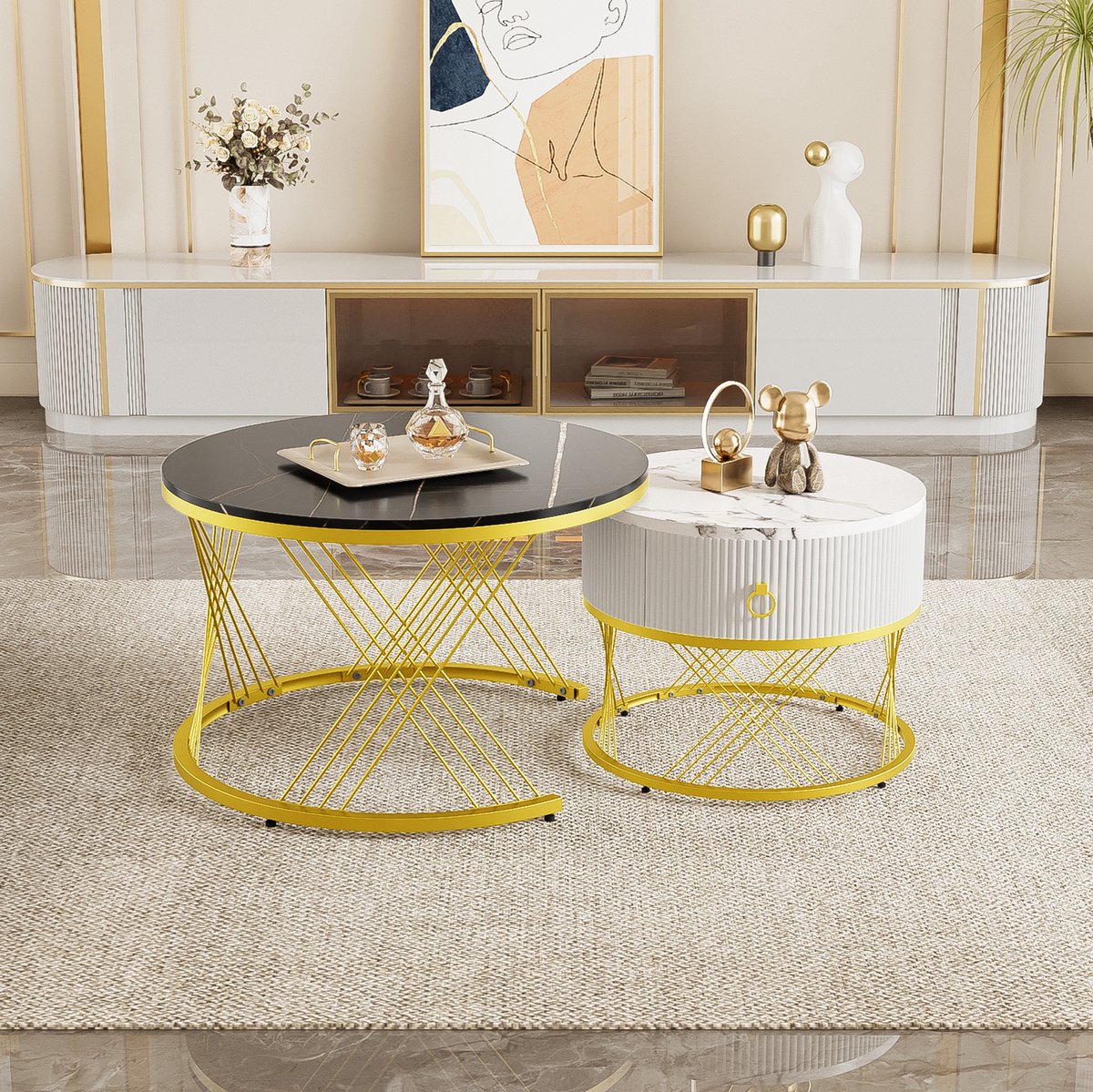 DESMIU Salontafel - Nestbaar Design Met Lade - Set Van 2 Voor Woonkamer - Marmerlook MDF En Metaal - Zwart Goud 70x70x45 Cm